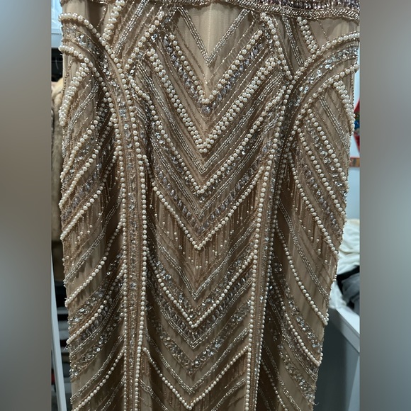 Women’s Beige Theia Embellished Tulle Column Evening Gown - Picture 11 of 16